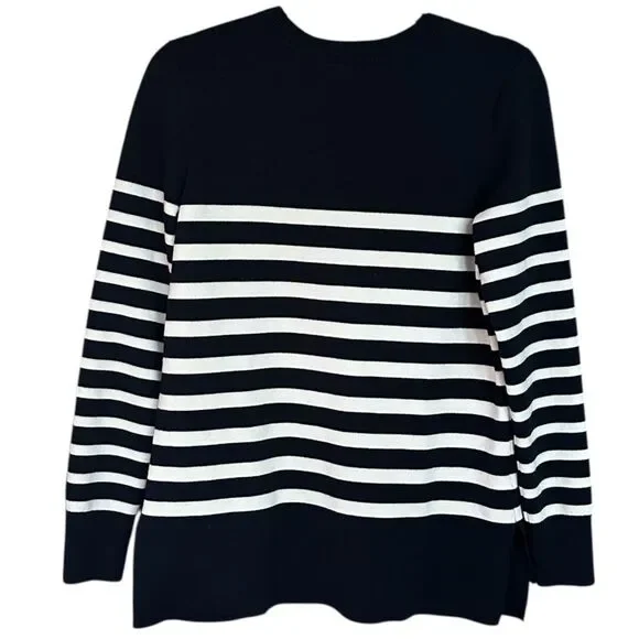 LOFT Navy and White Crew Neck Sweater Nautical Stripes Button Detail Size Medium - Picture 3 of 7